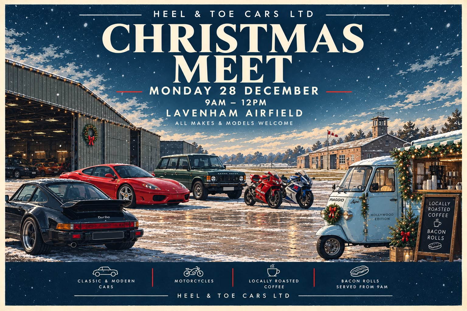 Heel & Toe Cars Christmas Meet, Monday 28 December, 9am to 12pm at Lavenham Airfield. All makes and models welcome, with locally roasted coffee and bacon rolls from 9am.